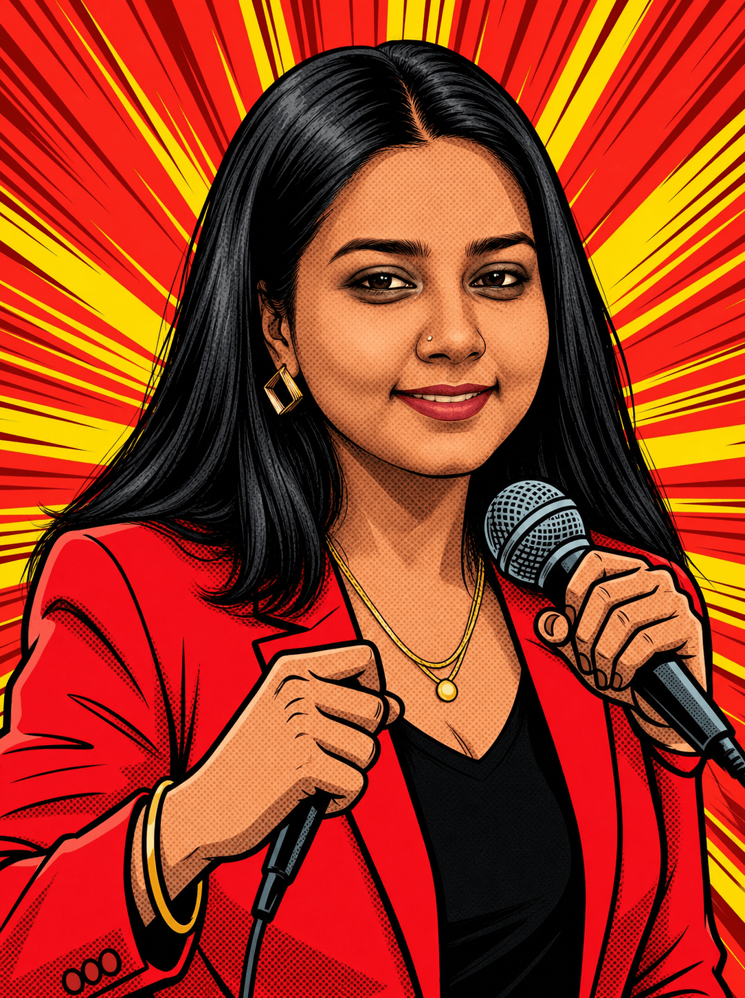 Richa Jha — comic character with microphone