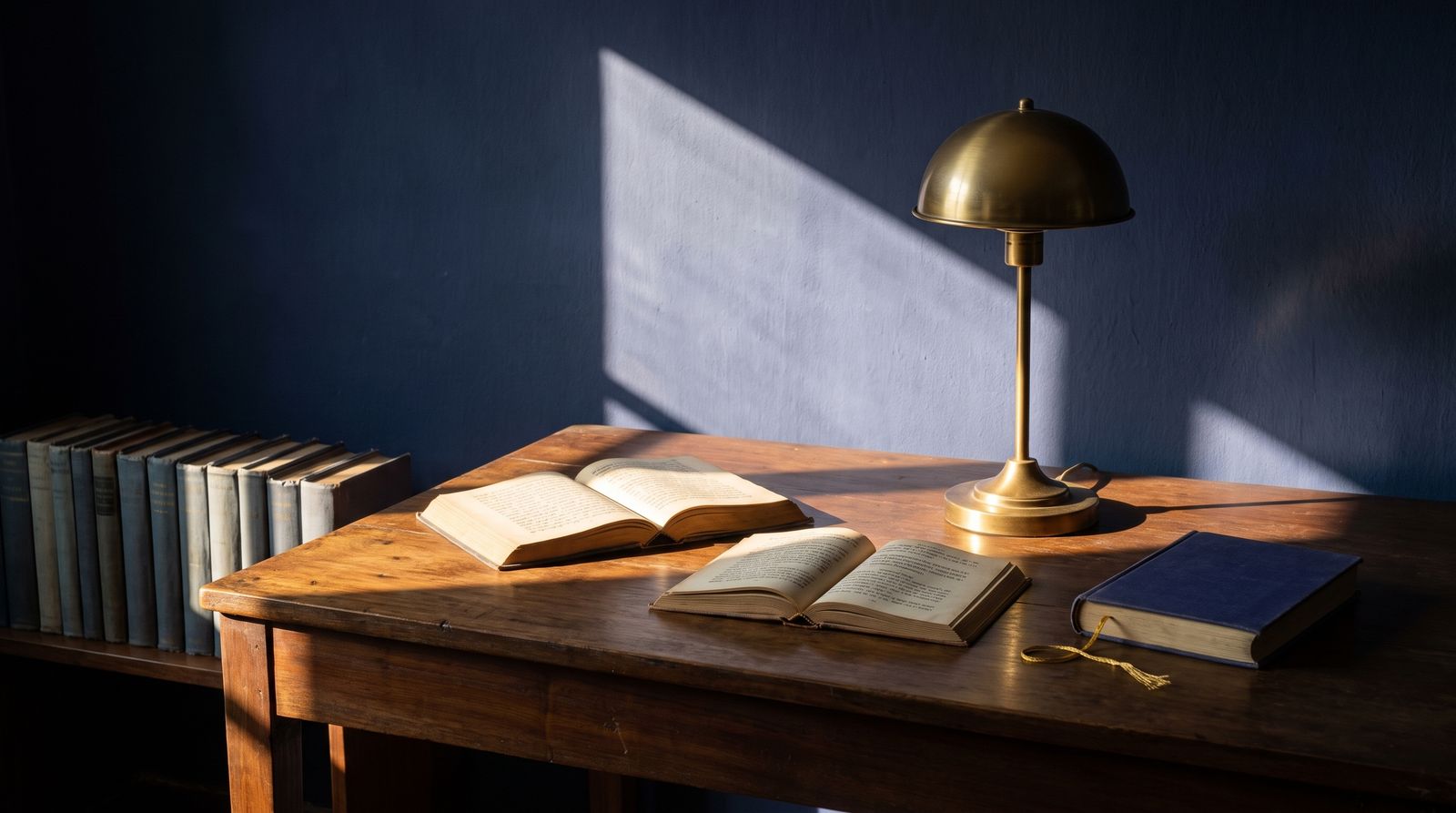 Sunlit library table with open Sanskrit books
